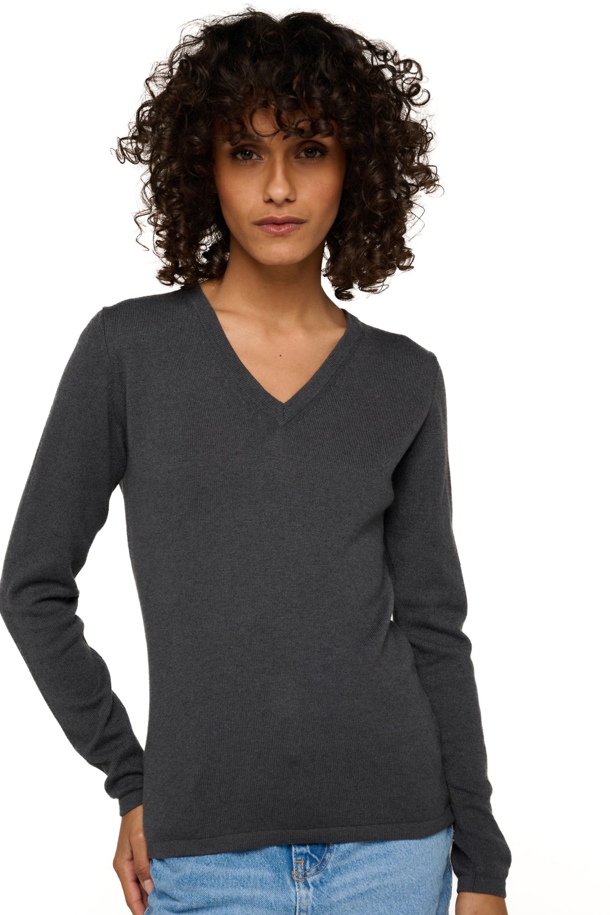 Pull en cachemire, 100 % Cachemire, femme, col col v, coupe droite, manches longues, normale / 2 et 4 fils, tricot normal, Mahogany