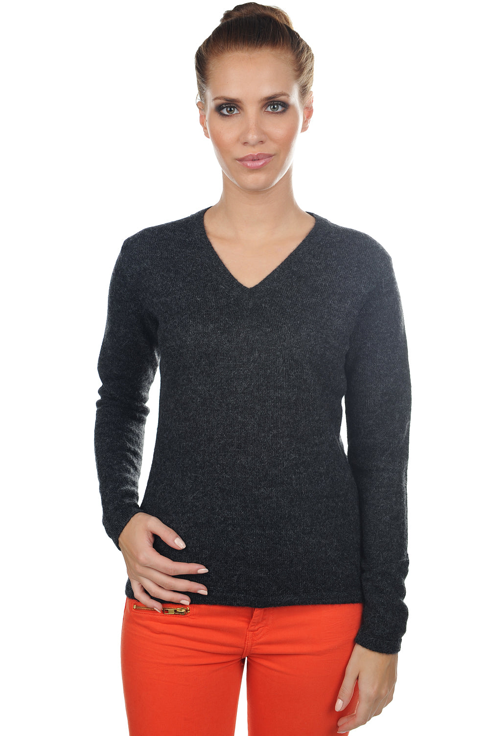 Pull en baby alpaga, 100 % Baby Alpaga, femme, col col v, coupe droite, manches longues, normale / 2 et 4 fils, tricot normal, Mahogany