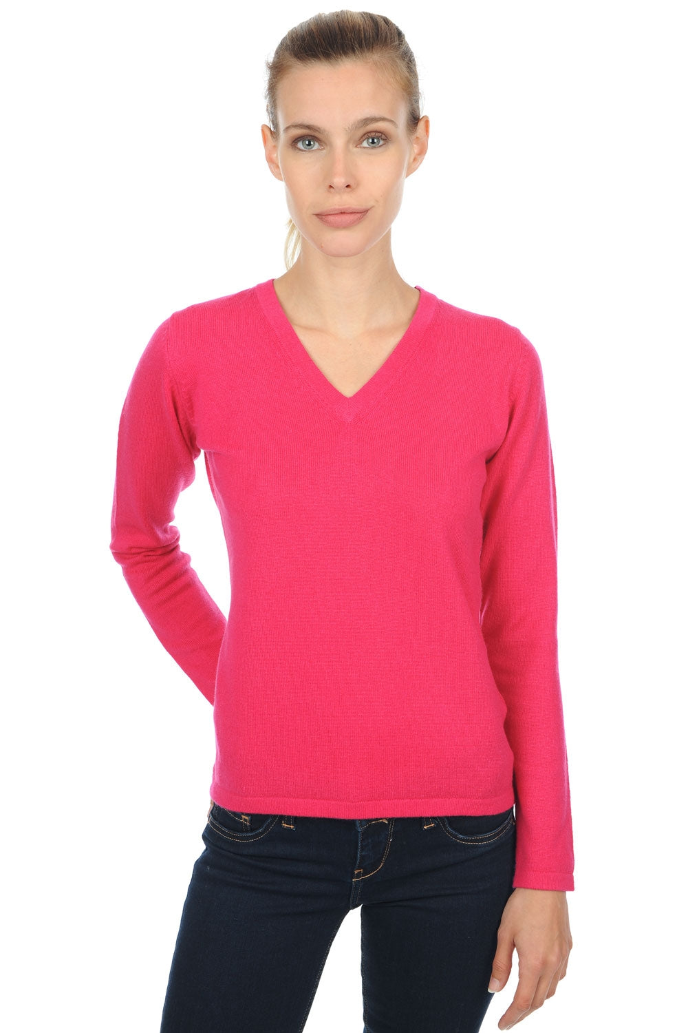 Pull en cachemire, 100 % Cachemire, femme, col col v, coupe droite, manches longues, normale / 2 et 4 fils, tricot normal, Mahogany