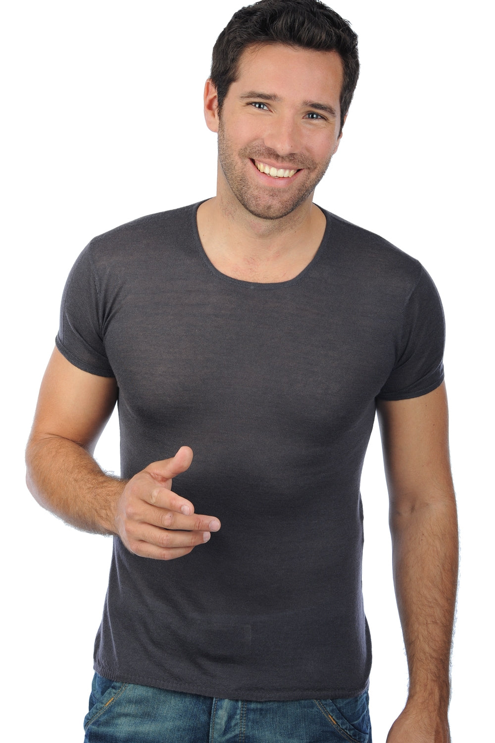 Tshirt en duvet de cachemire, 100 % duvet de Cachemire, homme, col col rond, coupe ajustée, manches courtes, normale / 2 et 4 fils, tricot normal, Mahogany