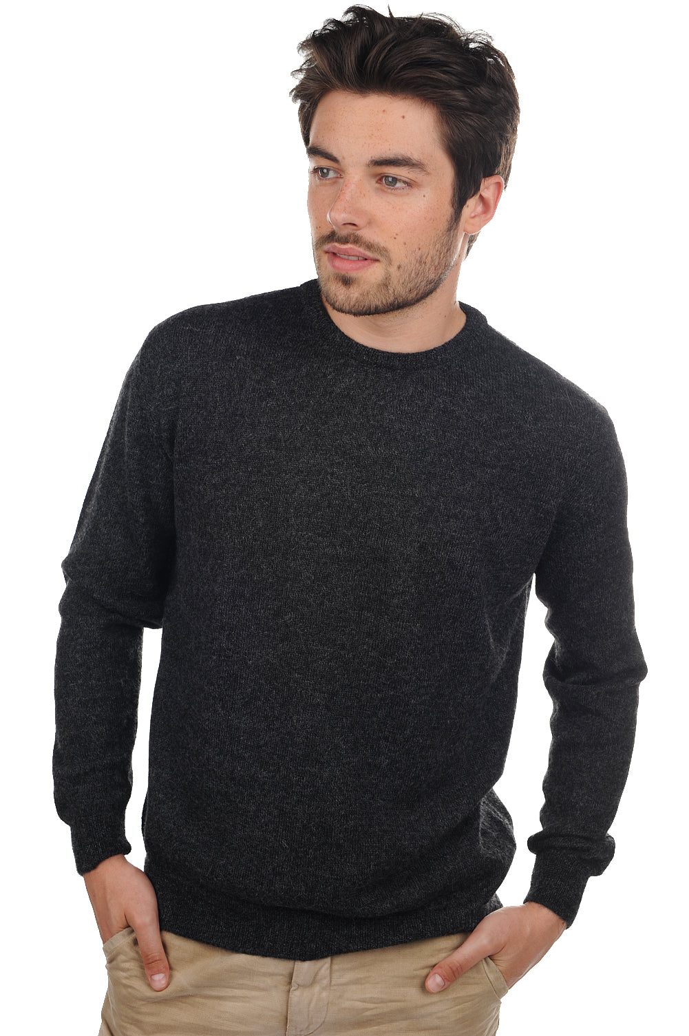 Pull en baby alpaga, 100 % Baby Alpaga, homme, col col rond, coupe droite, manches longues, fine, , Mahogany