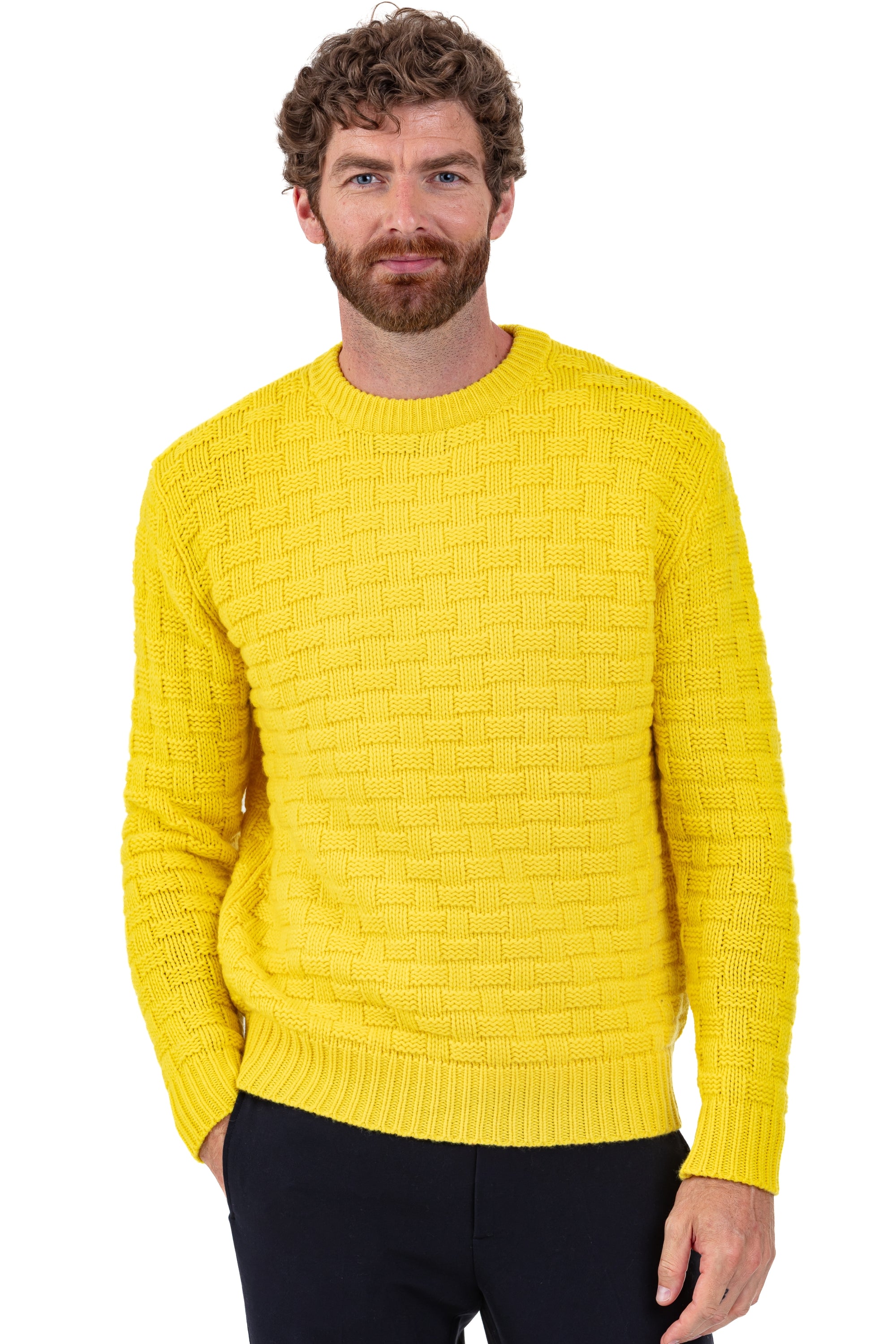 Pull en cachemire, 100 % Cachemire, homme, col col rond, coupe droite, manches longues, graphique, grosse / 6 fils et +, torsade, Mahogany