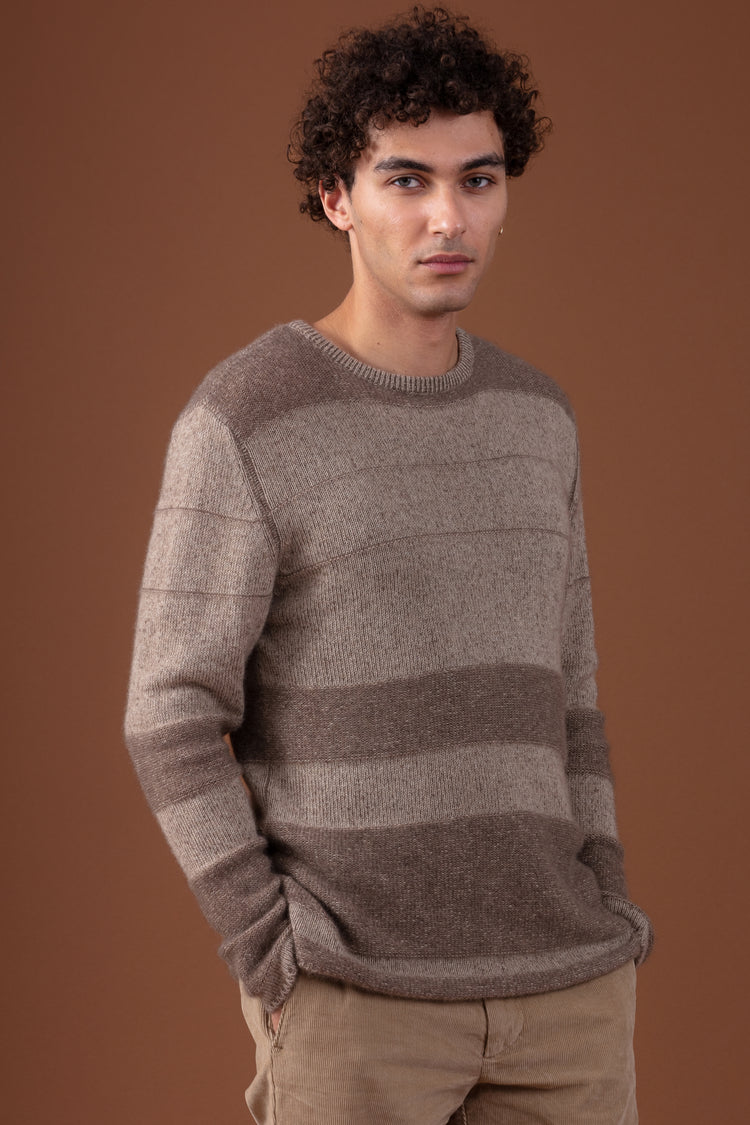 Pull en cachemire, 100 % Cachemire, homme, col col rond, coupe oversize, manches longues, rayures, grosse / 6 fils et +, , Mahogany
