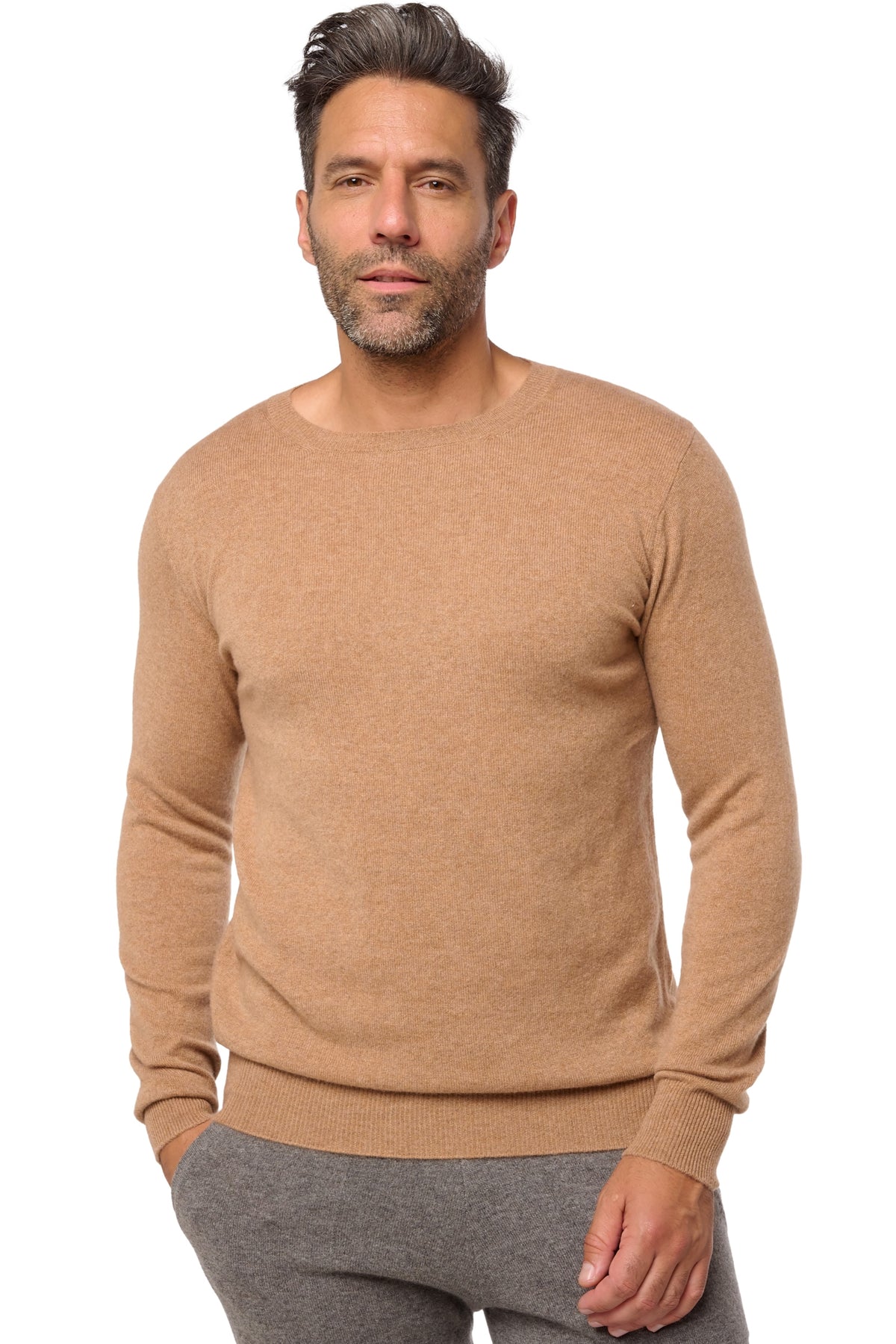 Pull en cachemire, 100 % Cachemire, homme, col col rond, coupe droite, manches longues, normale / 2 et 4 fils, tricot normal, Mahogany