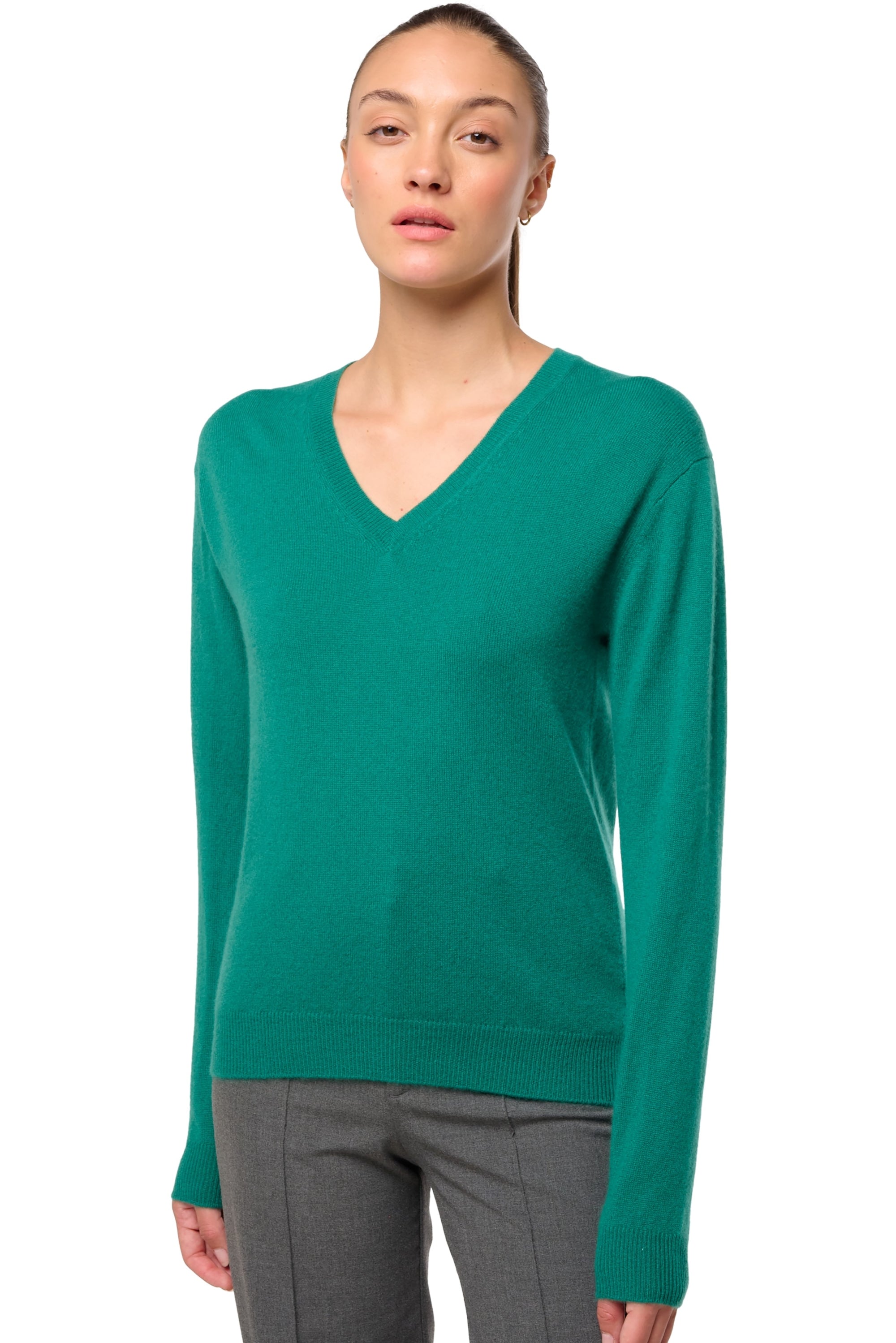 Pull en cachemire, 100 % Cachemire, femme, col col v, coupe ajustée, manches longues, normale / 2 et 4 fils, tricot normal, Mahogany