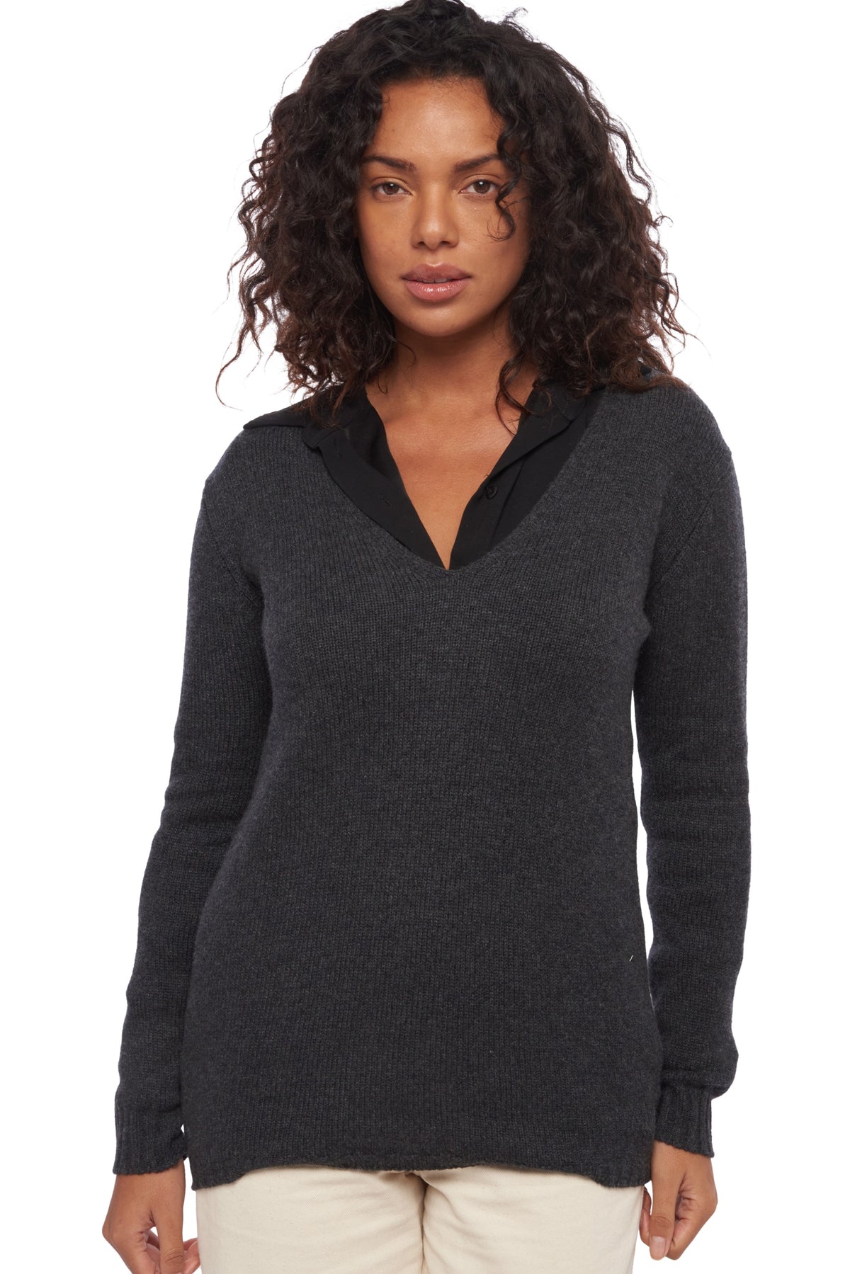 Pull en cachemire, 100 % Cachemire, femme, col col v, coupe droite, manches longues, grosse / 6 fils et +, tricot normal, Mahogany