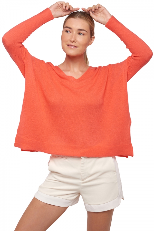 Cachemire pull femme col v biscarrosse corail lumineux t1