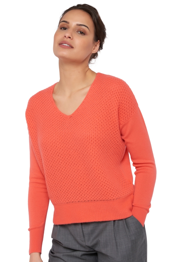 Cachemire pull femme col v willow corail lumineux t2