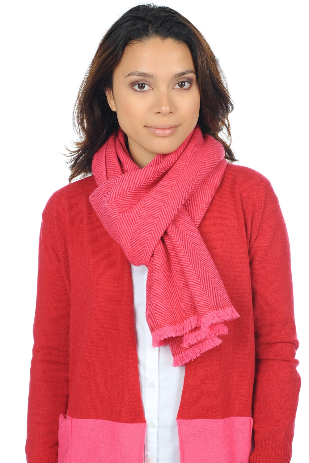 Cachemire accessoires echarpes cheches orage rose shocking rouge velours 200 x 35 cm