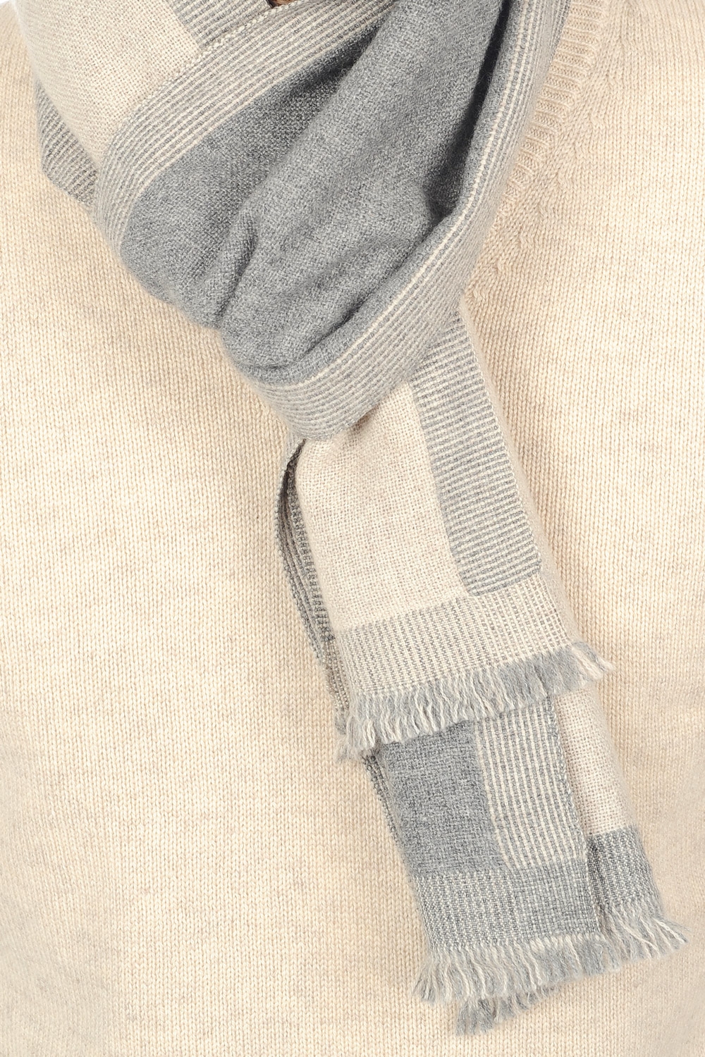 Cachemire accessoires echarpes cheches tonnerre gris chine beige intemporel 180 x 24 cm