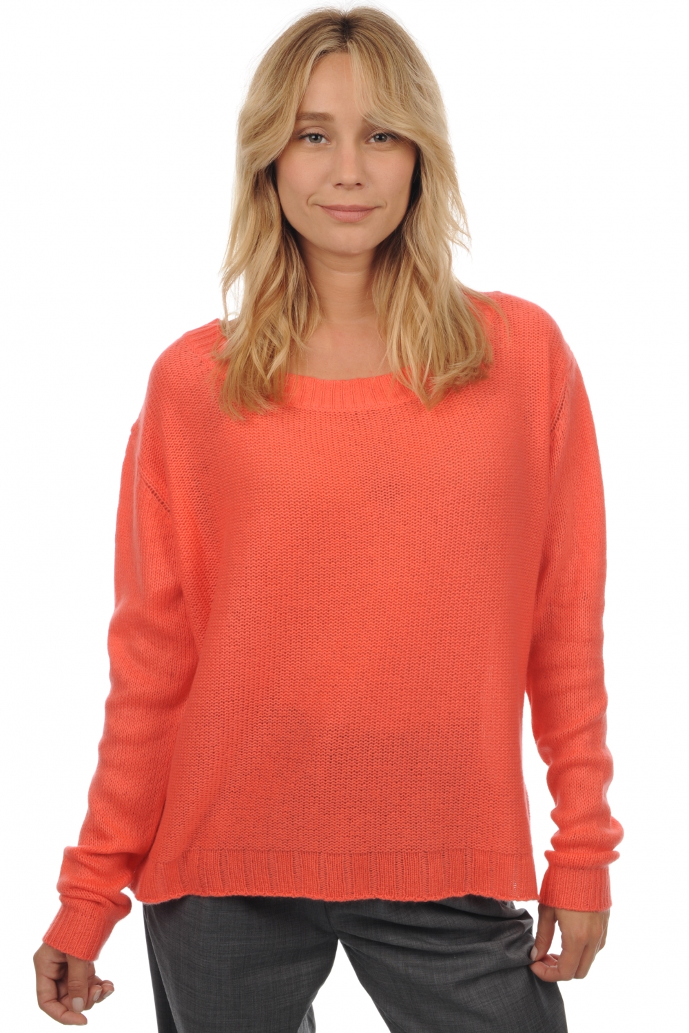 Cachemire pull femme col rond laurenlee corail lumineux t1