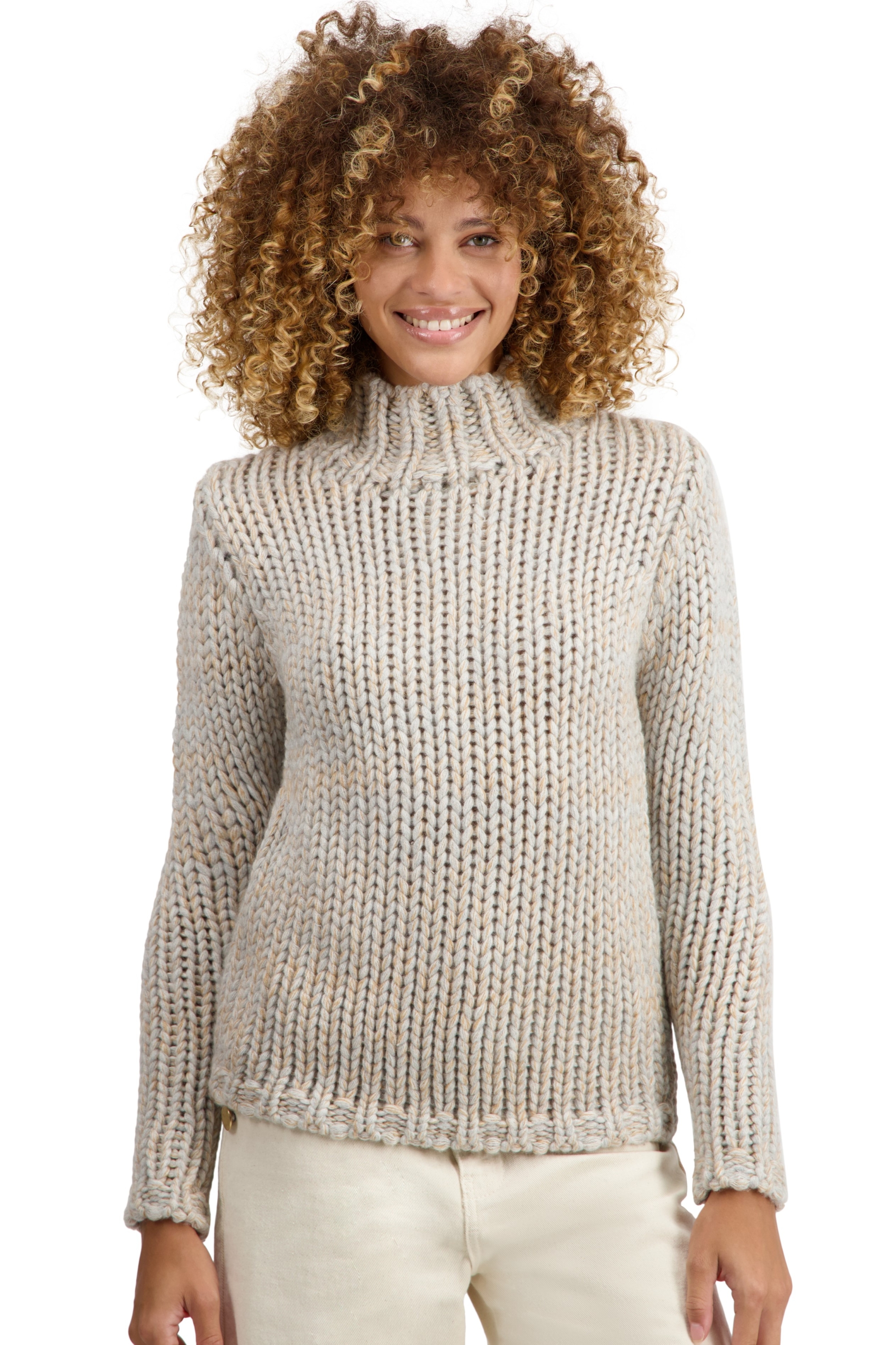 Cachemire pull femme col roule toxane flanelle chine camel natural ecru m