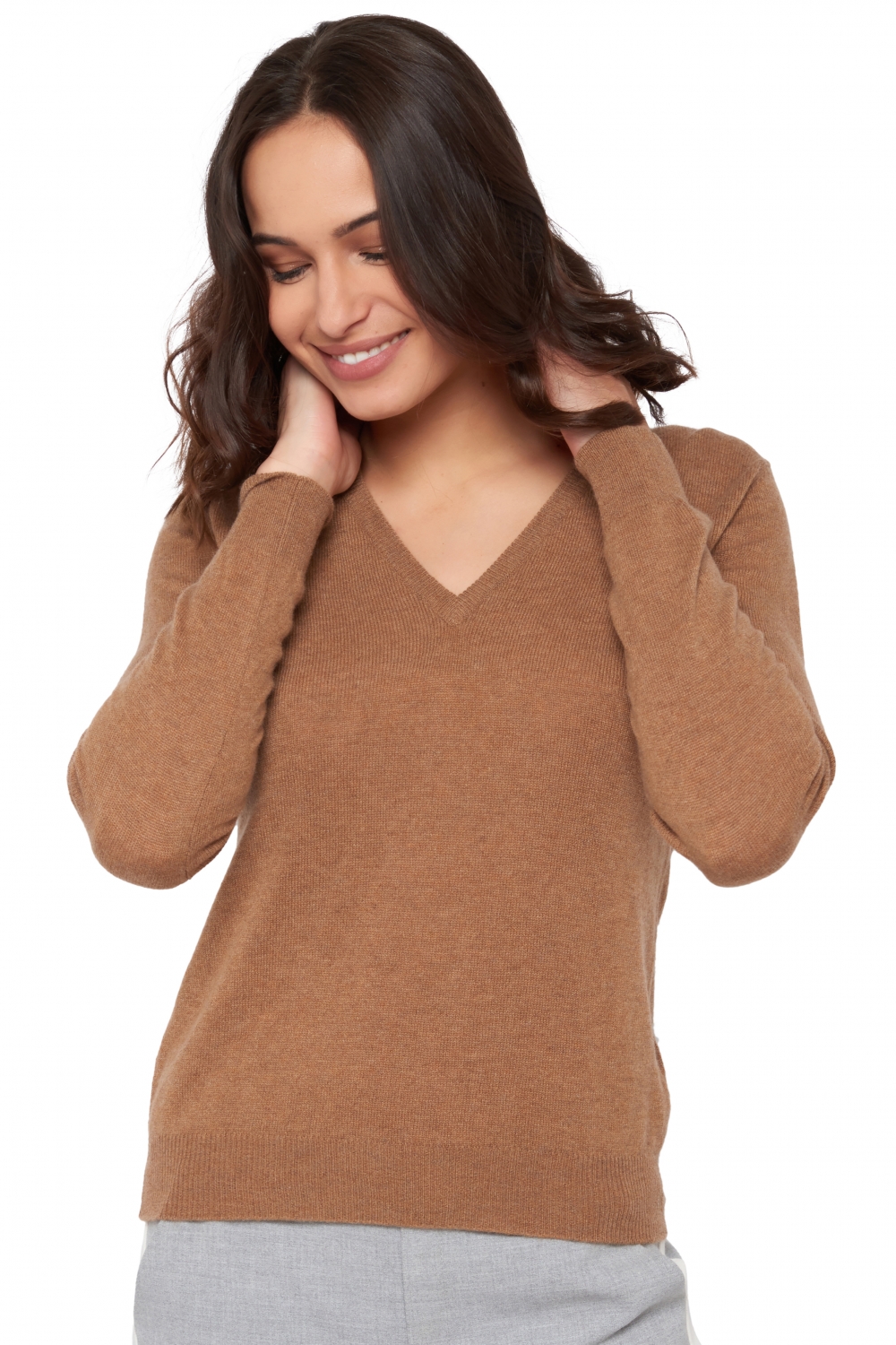 Cachemire pull femme col v faustine camel chine xl