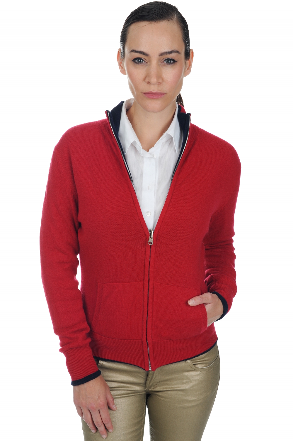 Cachemire pull femme zip capuche akemi marine fonce rouge velours 2xl