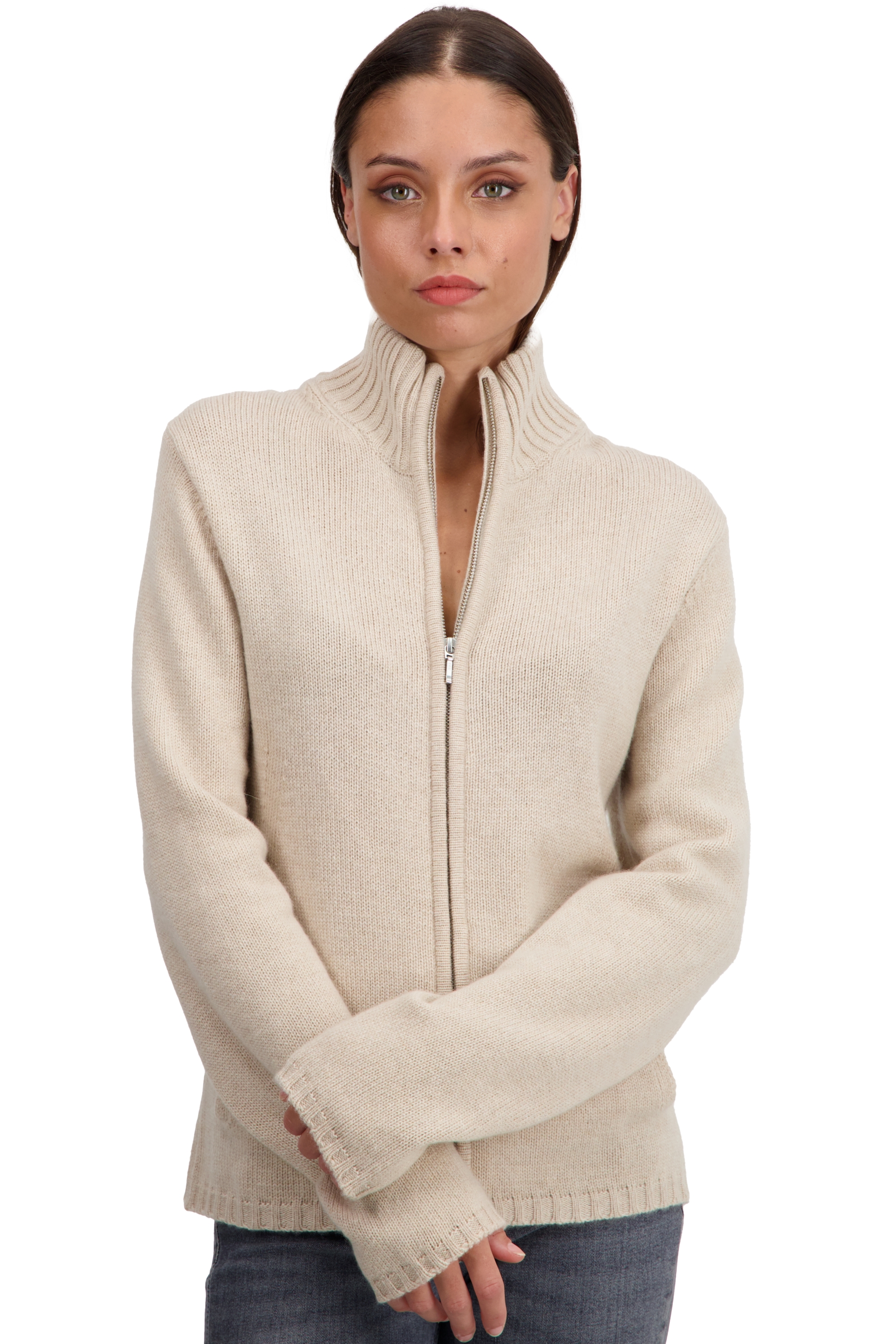 Cachemire pull femme zip capuche elodie natural beige xs