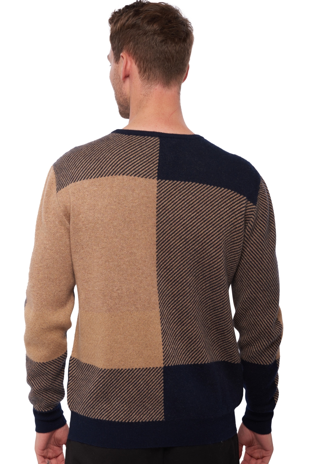 Cachemire pull homme col rond valbonne marine fonce   camel chine   camel m