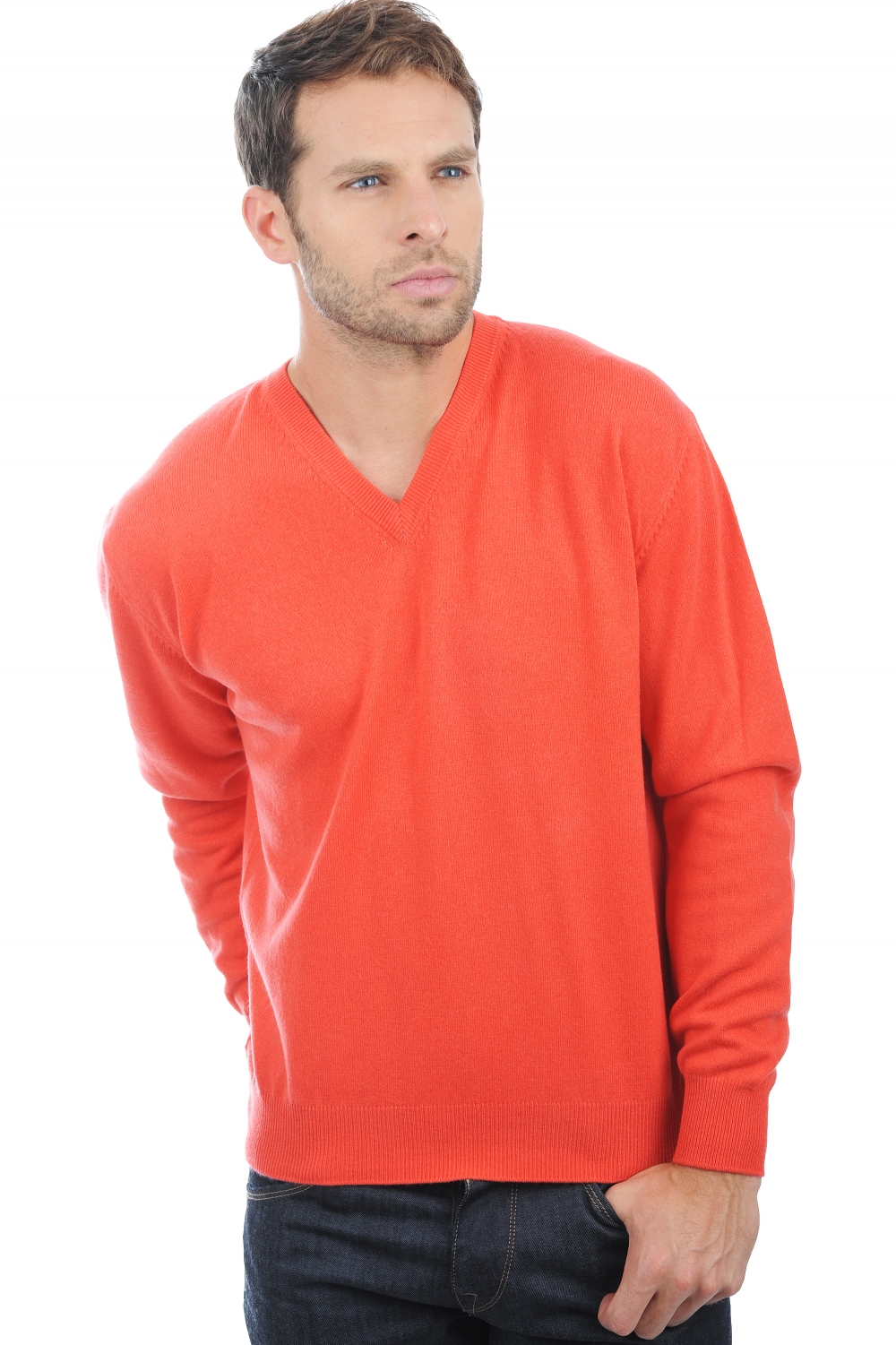 Cachemire pull homme col v gaspard corail lumineux s