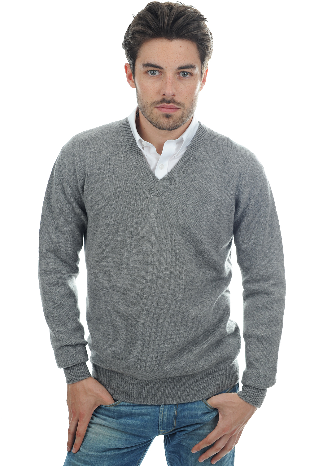 Cachemire pull homme col v hippolyte 4f gris chine l