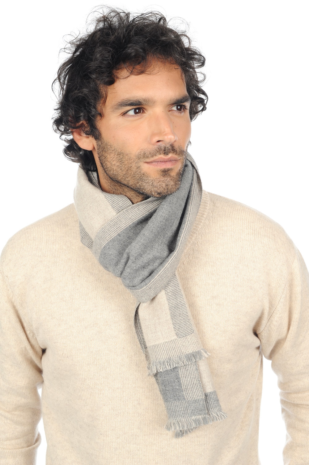 Cachemire pull homme echarpes et cheches tonnerre gris chine beige intemporel 180 x 24 cm