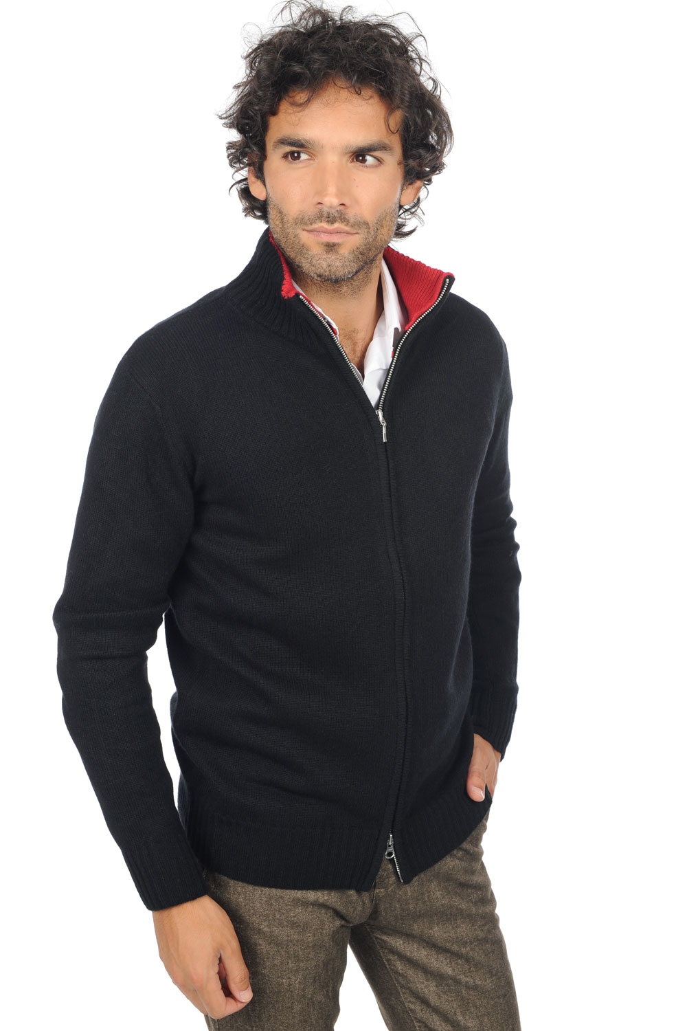 Cachemire pull homme zip capuche maxime noir rouge velours 3xl